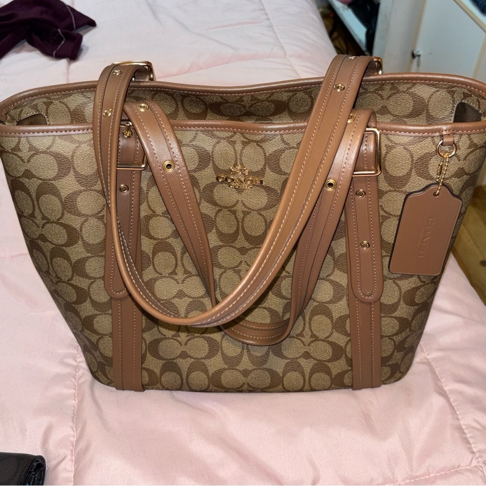 COACH Tote Bag Ashton Logo Zip Top Tote Bag Khaki Saddle - Picture 2 of 7